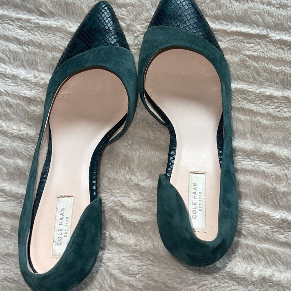 Cole Haan Half D’orsay Pump Green suede and green snake skin women’s size 7 1/2B - Picture 8 of 8
